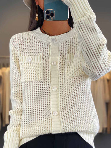 Drune | Cardigan - Rundhals-Taschen-Hohlstrick-Cardigan