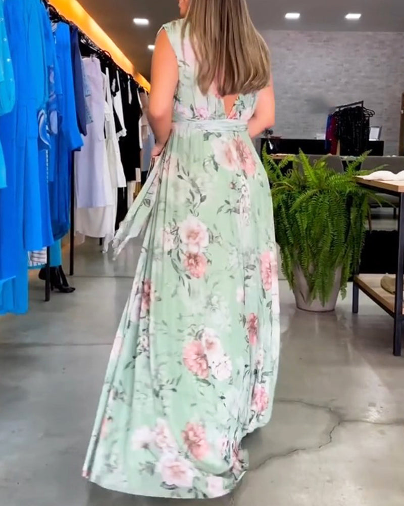 Drune | Elegantes, Ärmelloses Kleid mit Blumendruck und V-Ausschnitt