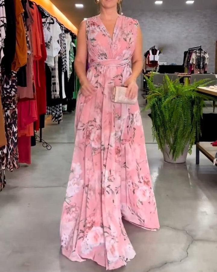 Drune | Elegantes Ärmelloses V-Ausschnitt Floral Druck Kleid