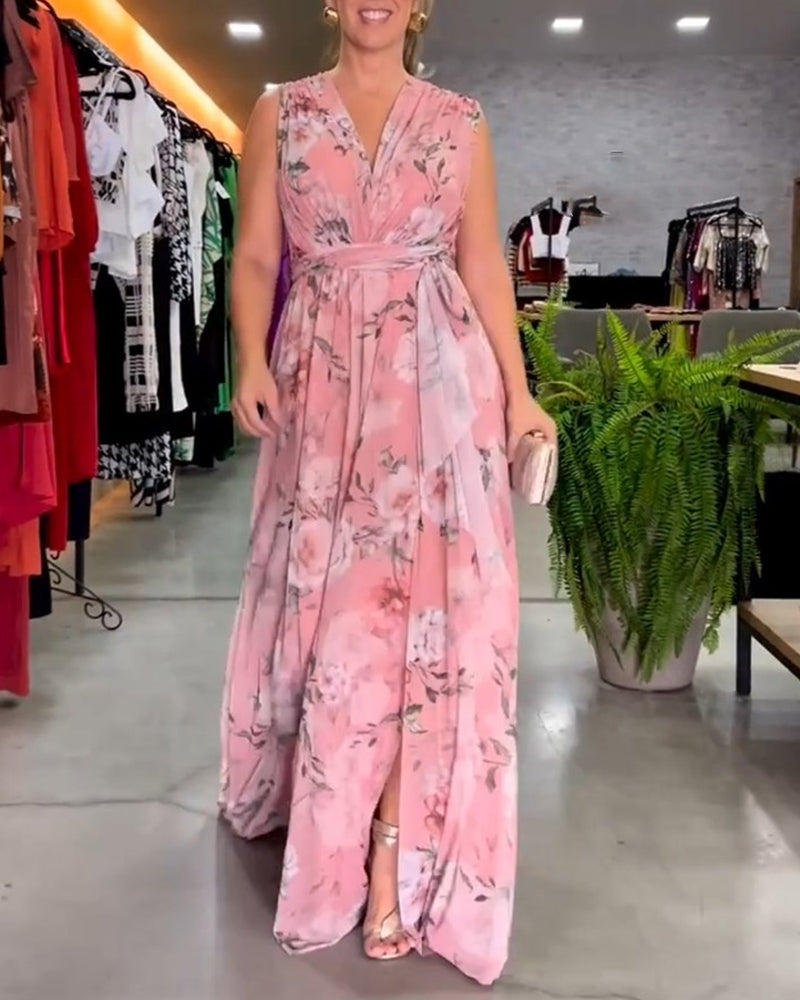 Drune | Elegantes, Ärmelloses Kleid mit Blumendruck und V-Ausschnitt