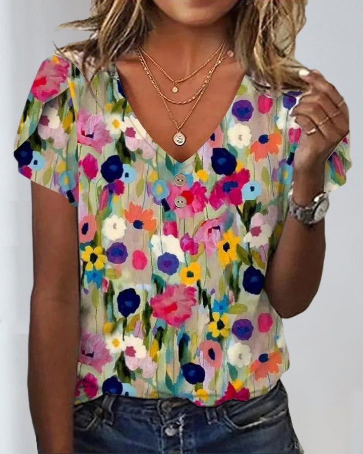 Drune | Kurzärmlige Farbenfrohe Blumenbluse mit V-Ausschnitt