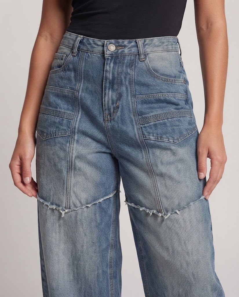Damen Extraweite Patchwork-Denim-Palazzo-Hose mit tiefem Schritt und markanten Nahtpaneelen Drune