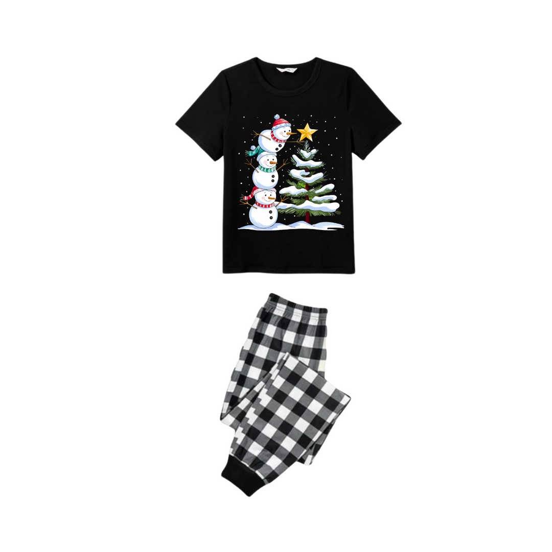 Drune | Paar Schwarz-und-Weiß-Karo-Weihnachtskurzarm-Pyjama-Set mit Schneemann- und Weihnachtsbaum-Print