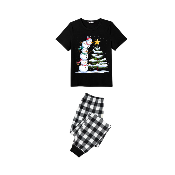 Drune | Paar Schwarz-und-Weiß-Karo-Weihnachtskurzarm-Pyjama-Set mit Schneemann- und Weihnachtsbaum-Print