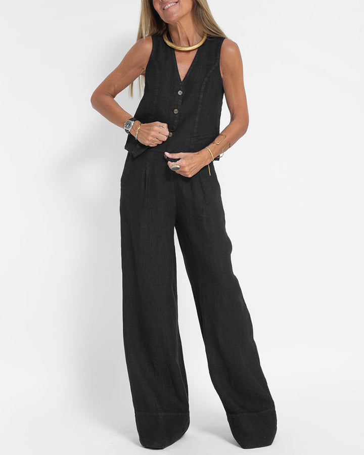 Drune | Elegantes 2-Teiliges Set Leinen Weite Hose & Weste