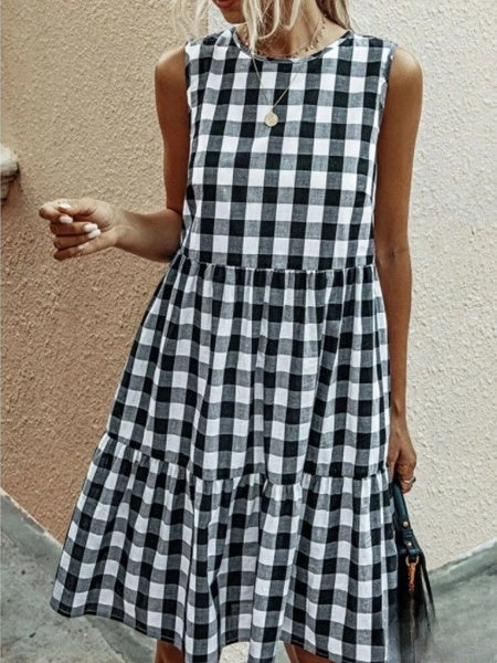 Drune | Mode, Locker Geschnittenes Damenkleid mit Rundhalsausschnitt, Kariert Pastelmittelrock