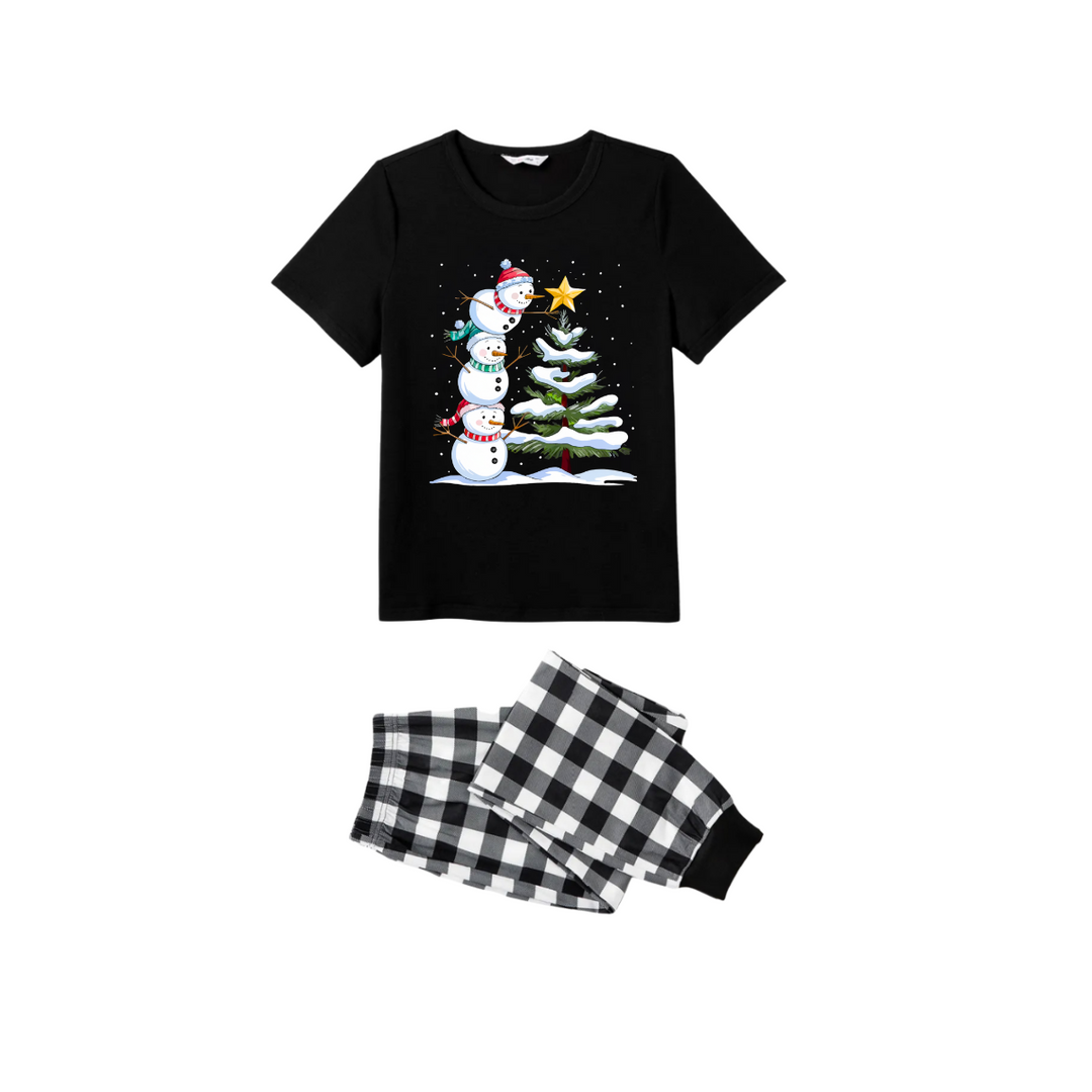 Drune | Paar Schwarz-und-Weiß-Karo-Weihnachtskurzarm-Pyjama-Set mit Schneemann- und Weihnachtsbaum-Print
