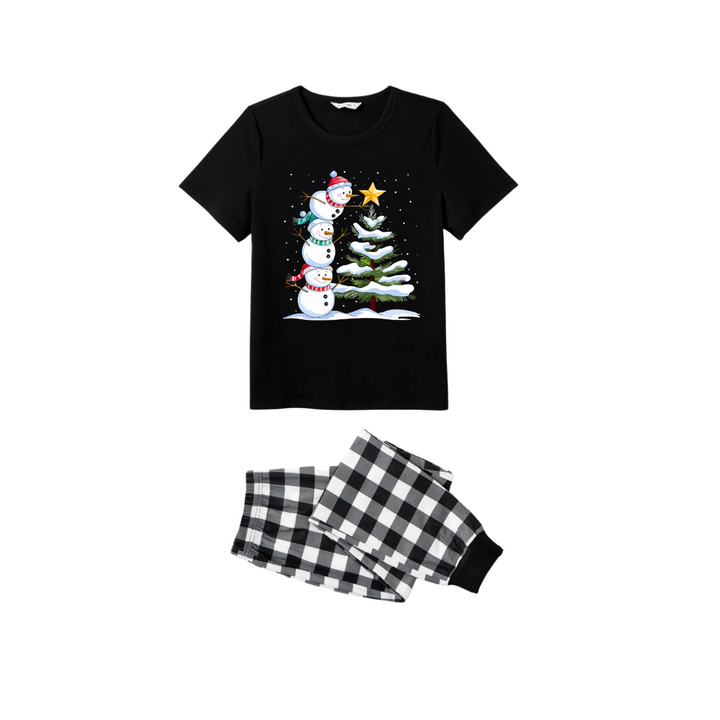 Drune | Paar Schwarz-und-Weiß-Karo-Weihnachtskurzarm-Pyjama-Set mit Schneemann- und Weihnachtsbaum-Print