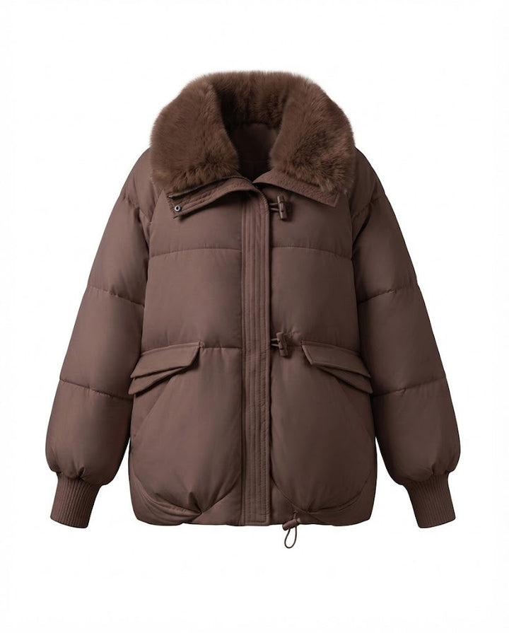 Damen moderne oversized Pufferjacke mit voluminösem Teddy-Kragen, verdecktem Zwei-Wege-Reißverschluss und verstellbarem Saum