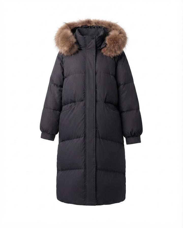 Damen längerer gesteppter Winterparka mit feminine A-Linie, abnehmbarer Kapuze und extra großen Seitentaschen