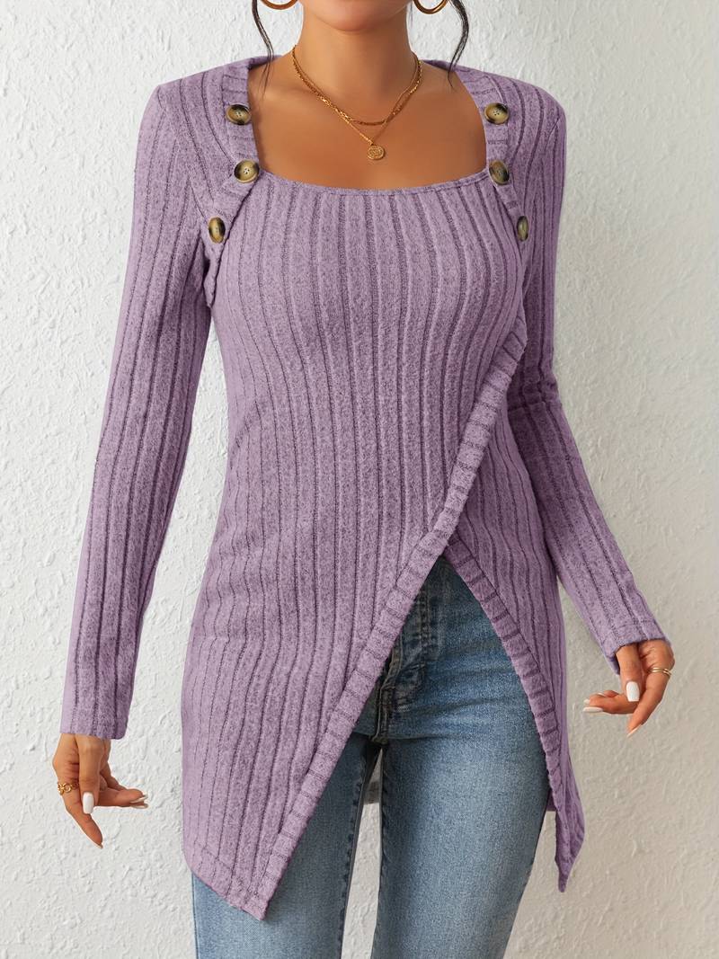 Drune | Quadrat Ausschnitt Pullover mit Langen Ärmeln und Seitlichem Schlitz