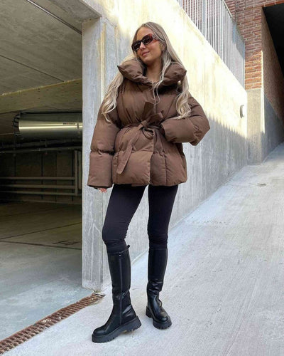 Drune | jack mit Gürtel für Damen - warmer brauner Jacke mit oversized Kragen