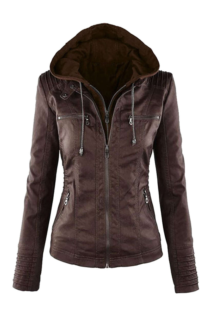Drune | Damen Kunstleder Kapuzenjacke Mit Reißverschluss
