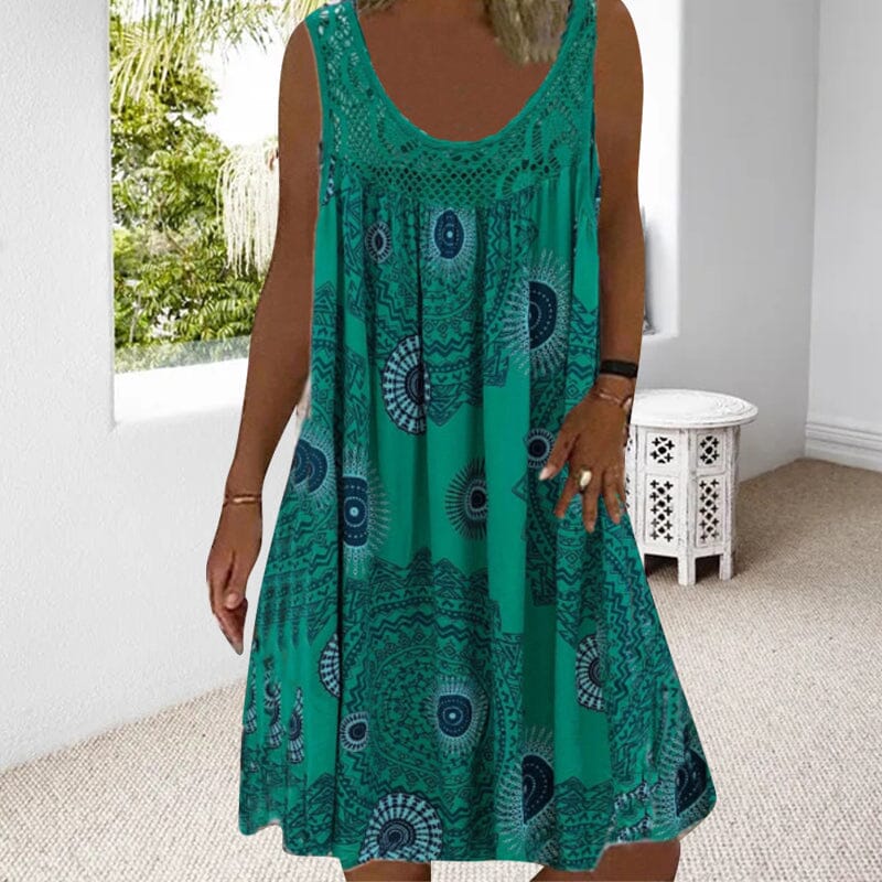 Drune | Damen Sommer O-Ausschnitt Ärmellosem Druck Kleid