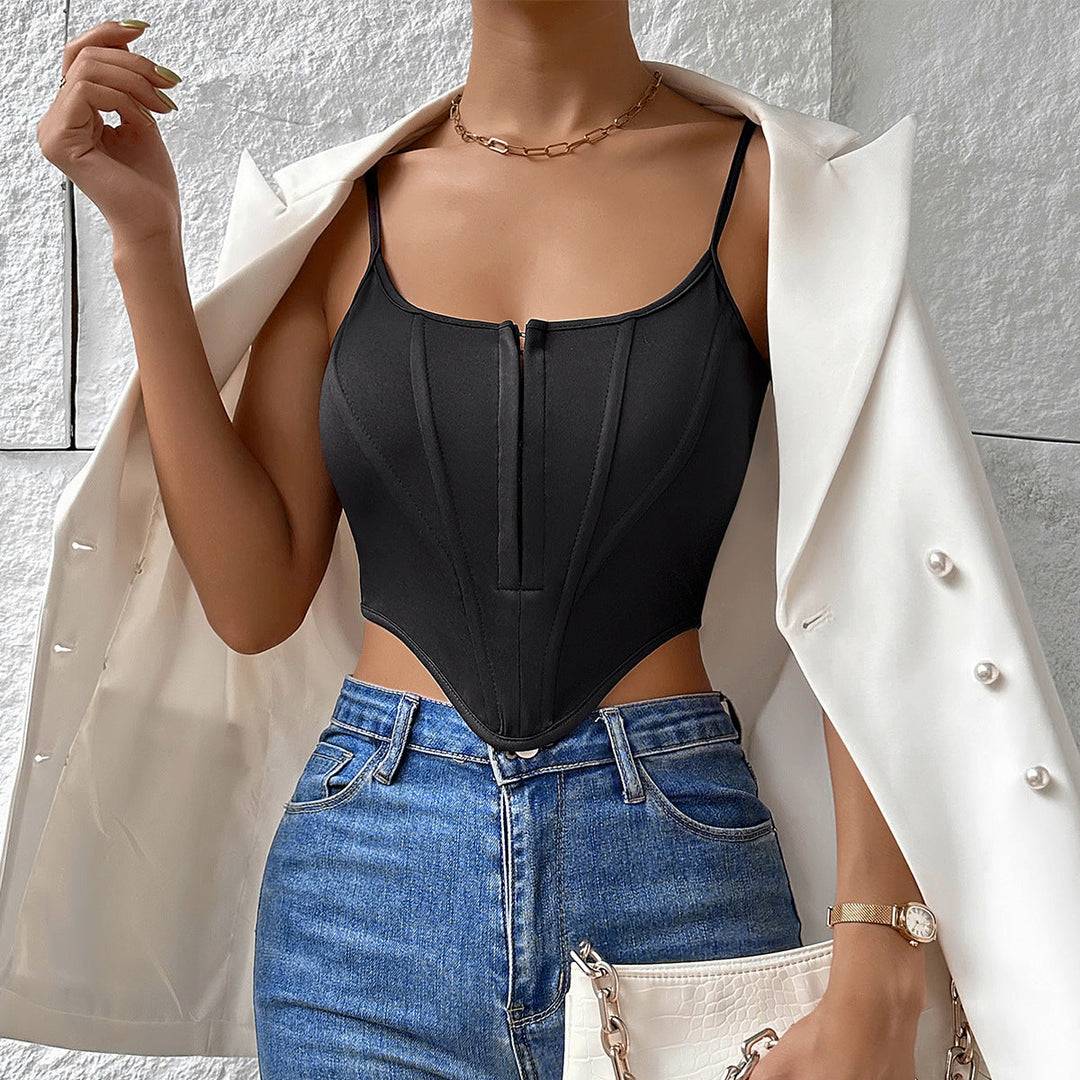 Drune | Einreihiger Sling Crop Corsage Tank Sommermode Slim Spaghettiträger Top für Damen Kleidung