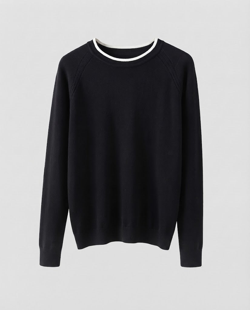Damen Feiner Rundhalspullover mit kontrastierter Kantenblende und schmaler Silhouette Drune