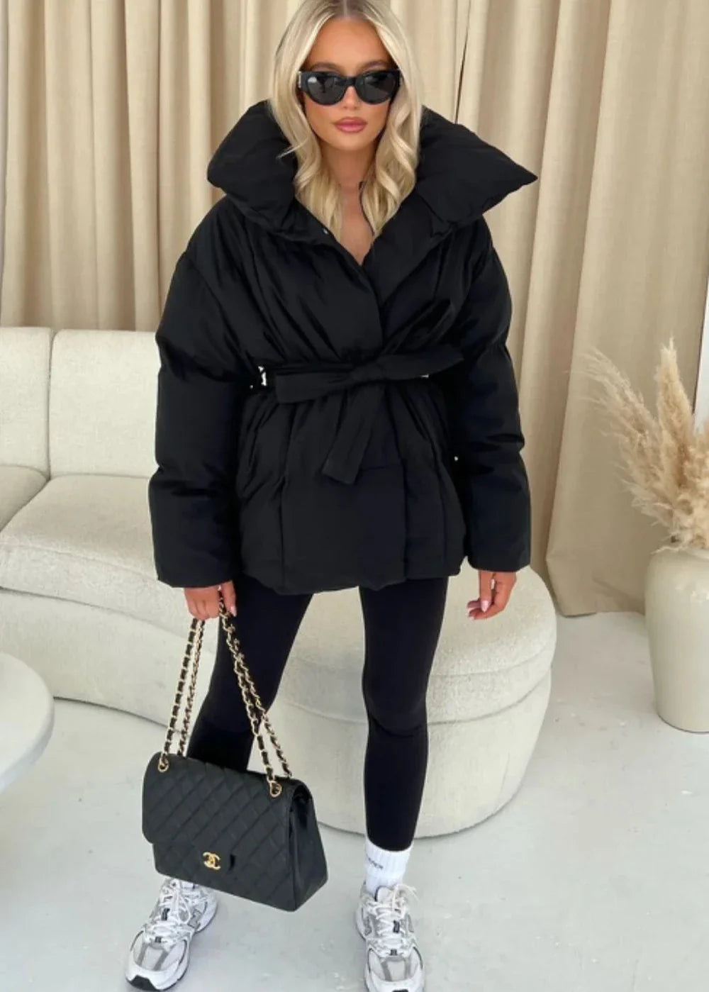 Drune | jack mit Gürtel für Damen - warmer brauner Jacke mit oversized Kragen