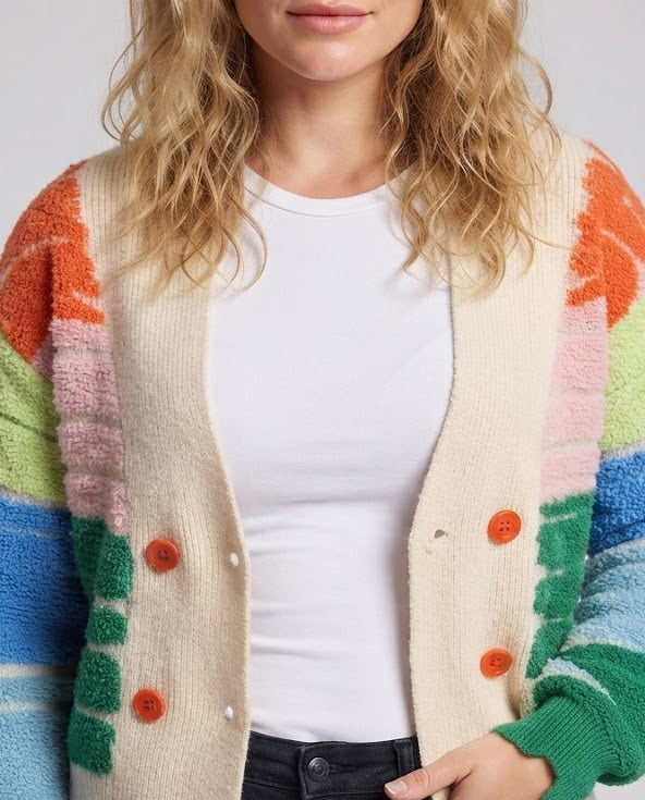Damen Kurzgeschnittene Doppelreihige Strickjacke mit Struktur-Intarsien Drune