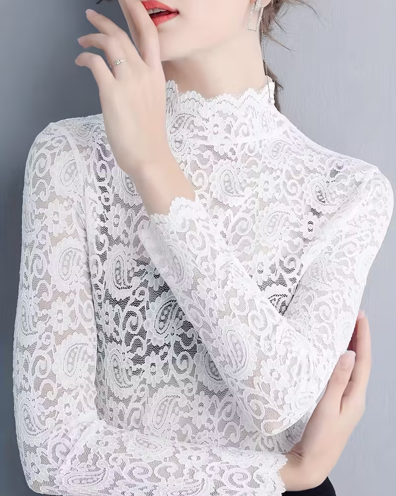 Drune | Elegant Unifarben Halbausschnitt Langarm Spitze