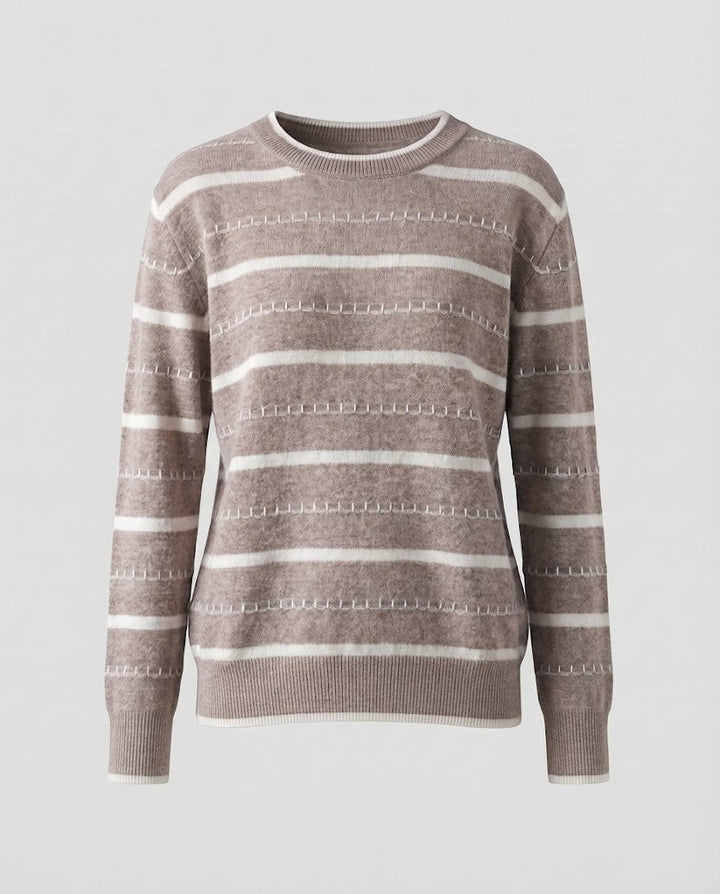 Damen Gestreifter Feinstrickpullover mit Ziernaht und Rundhalsausschnitt Drune