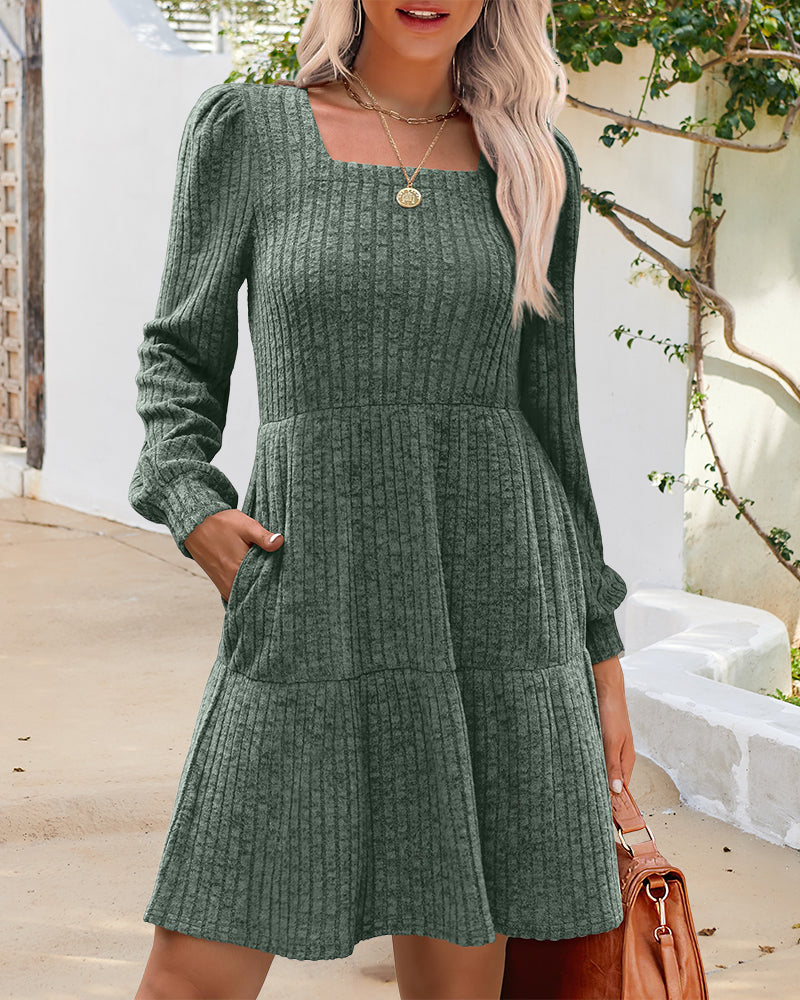 Drune | Damenkleid mit Quadrat Ausschnitt Laternenärmeln und Rippstruktur