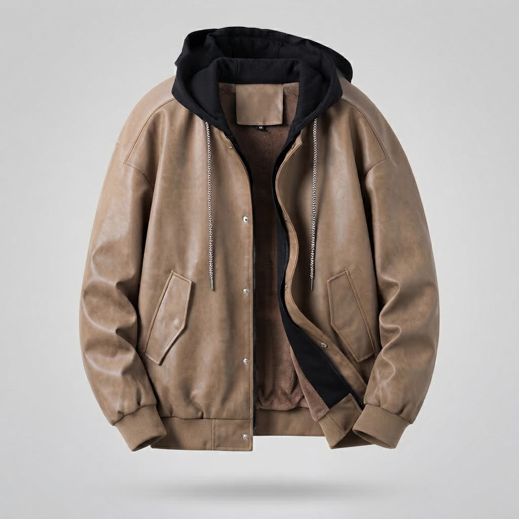 Herren Modische Kunstlederjacke mit Kapuze Drune