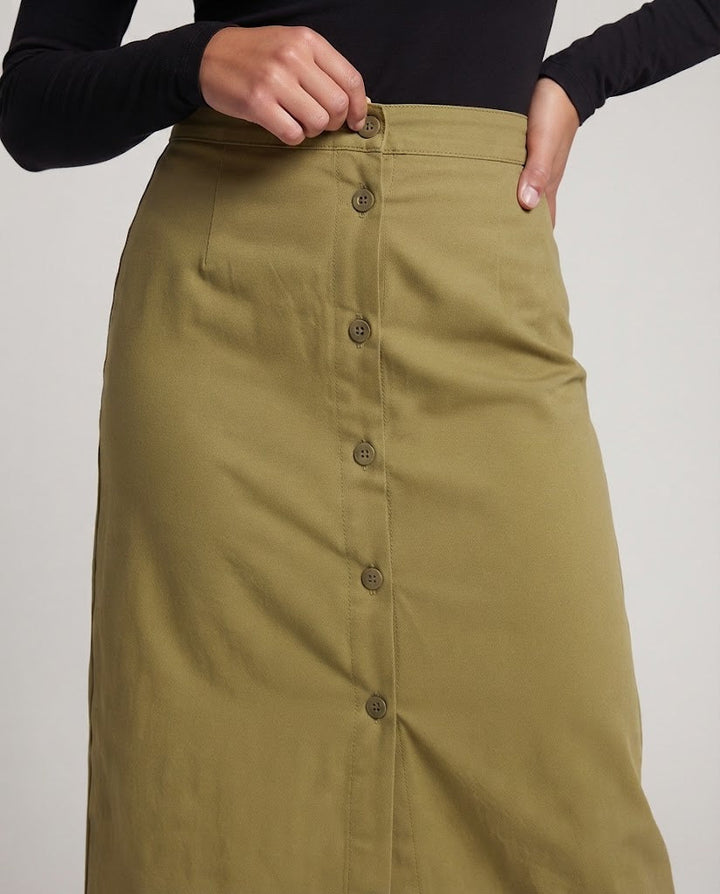 Damen Hochtaillierter gerader Midirock mit durchgehender Knopfleiste und Frontschlitz Drune