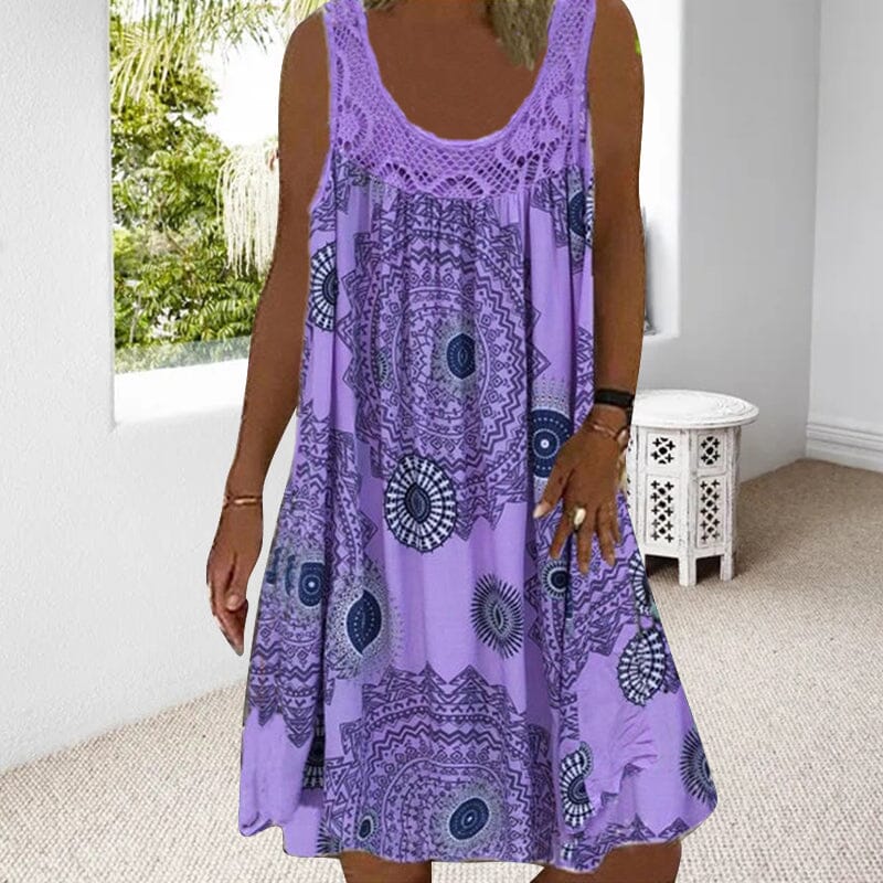Drune | Damen Sommer O-Ausschnitt Ärmellosem Druck Kleid