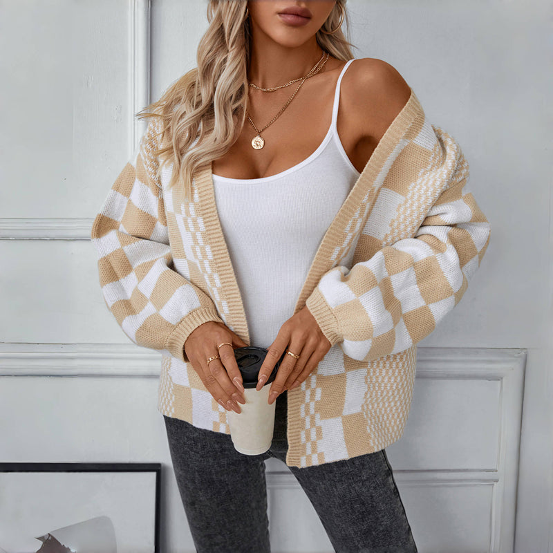Drune | Kariert Gestrickte Strickjacke für Damen