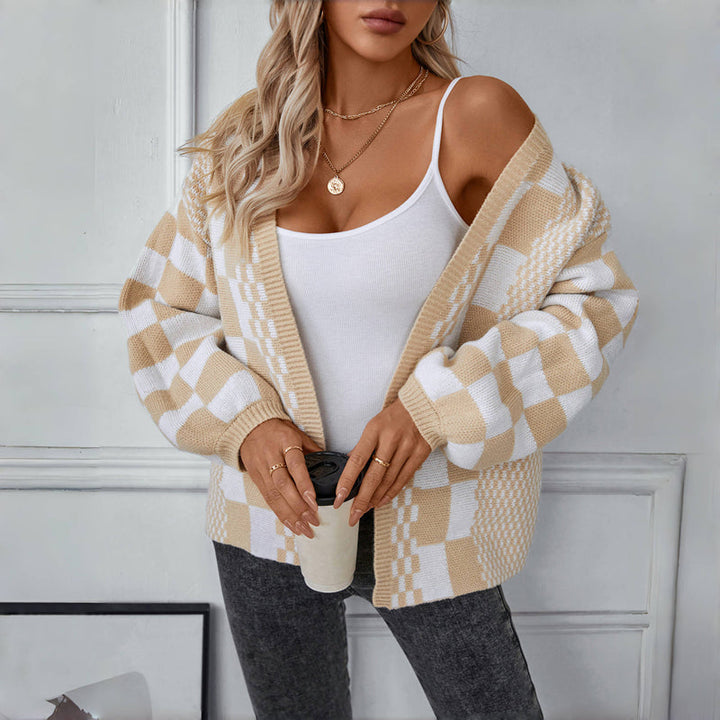 Drune | Cardigan - Damen Herbst Casual Karierter Gestrickter Cardigan
