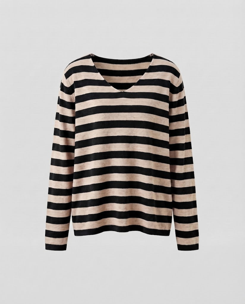 Damen Gestreifter Feinstrickpullover mit V‑Ausschnitt und lässiger Oversize‑Passform Drune