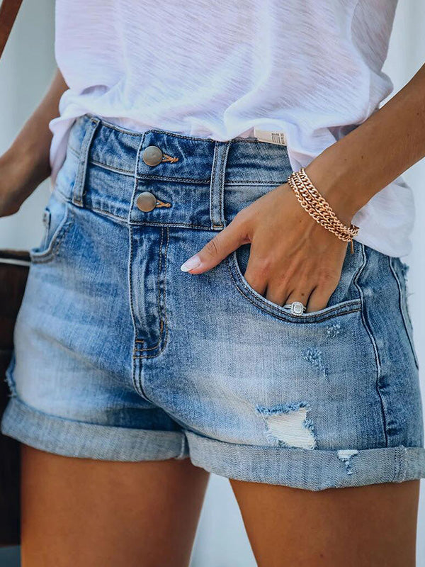 Drune | Damen Denim Shorts Zerrissen Gerollt Stretch Hohe Taille Denim Shorts