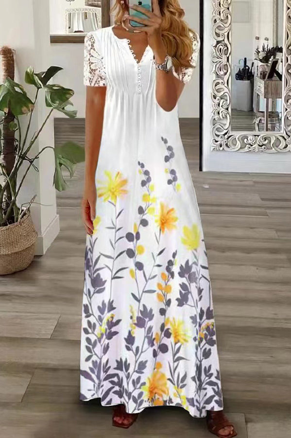 Drune | Boho Floral V-Ausschnitt Knopf Spitzenärmel Ferien Strand Maxikleid