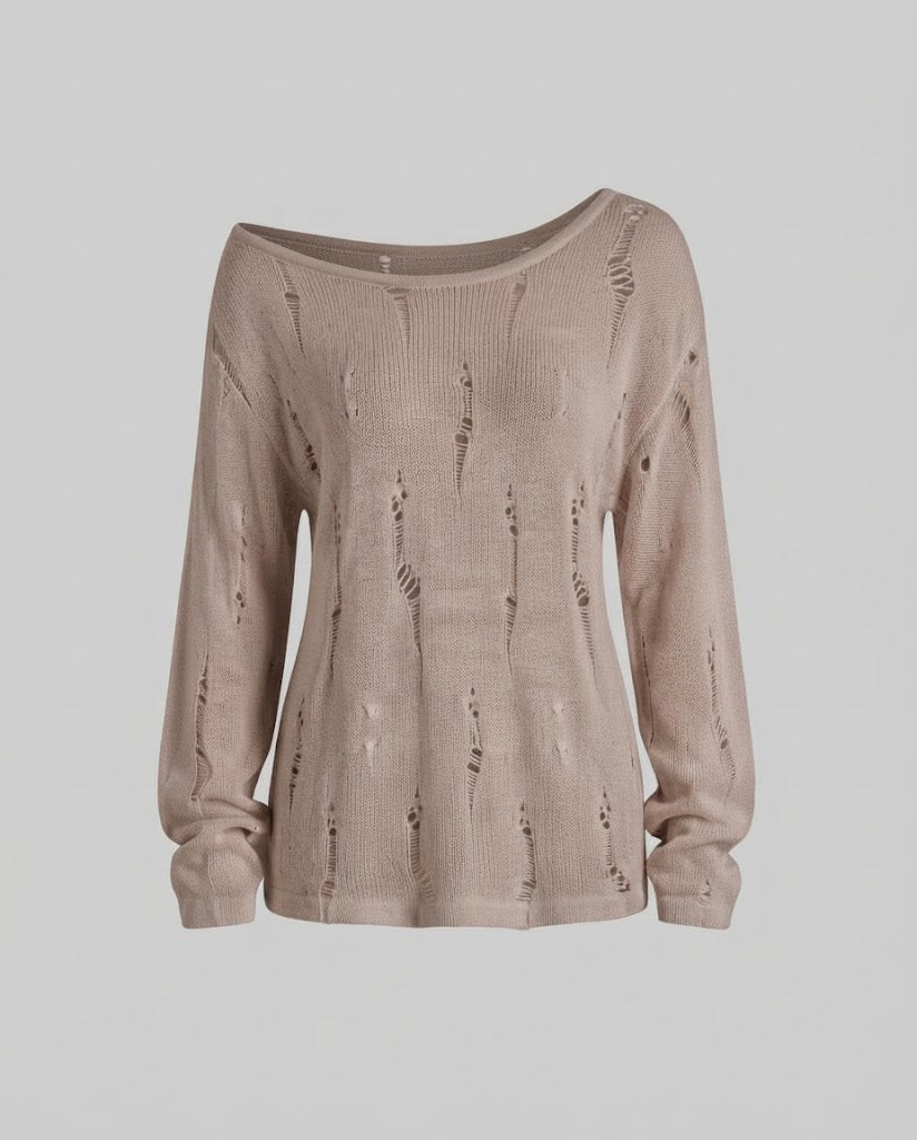 Damen Lässiger Off-Shoulder Feinstrickpullover mit Destroyed‑Optik und weiter Silhouette Drune
