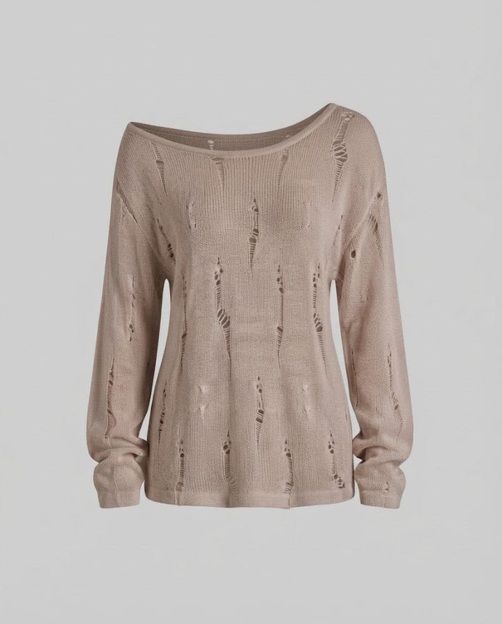 Damen Lässiger Off-Shoulder Feinstrickpullover mit Destroyed‑Optik und weiter Silhouette Drune