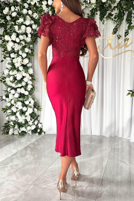 Drune | Traumhafte Luxus Spitze und Satin Patchwork Rüschenausgestellte Midi Kleid