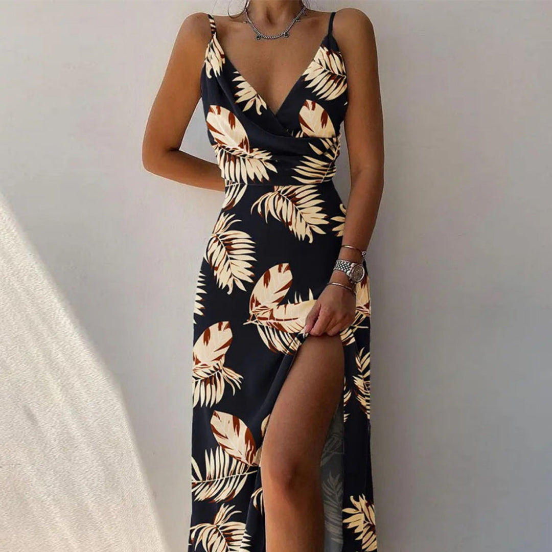 Drune | Kleid mit Hosenträgern und V-Ausschnitt mit geteiltem Print