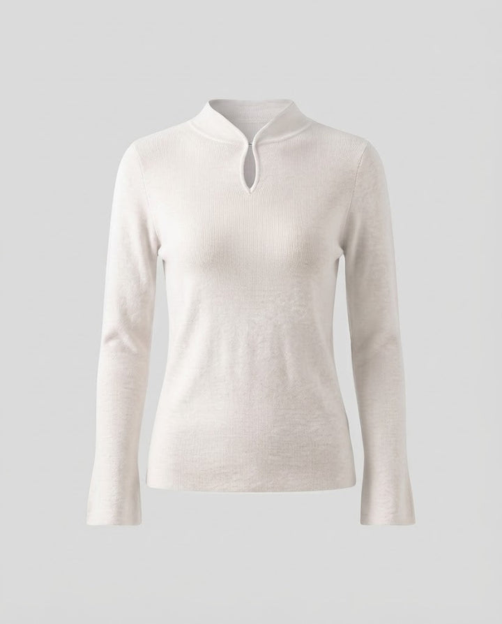 Damen Feinstrick-Longsleeve mit kurzem Stehkragen Schlitzknopf und ausgestelltem Ärmelsaum Drune