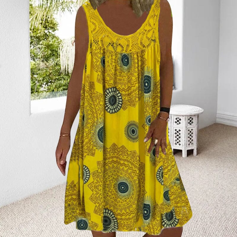 Drune | Damen Sommer O-Ausschnitt Ärmellosem Druck Kleid