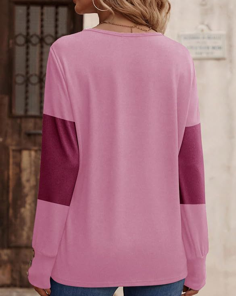 Drune | Shirt Damen Colorblock Druck Knopf Deko Fallende Schulter