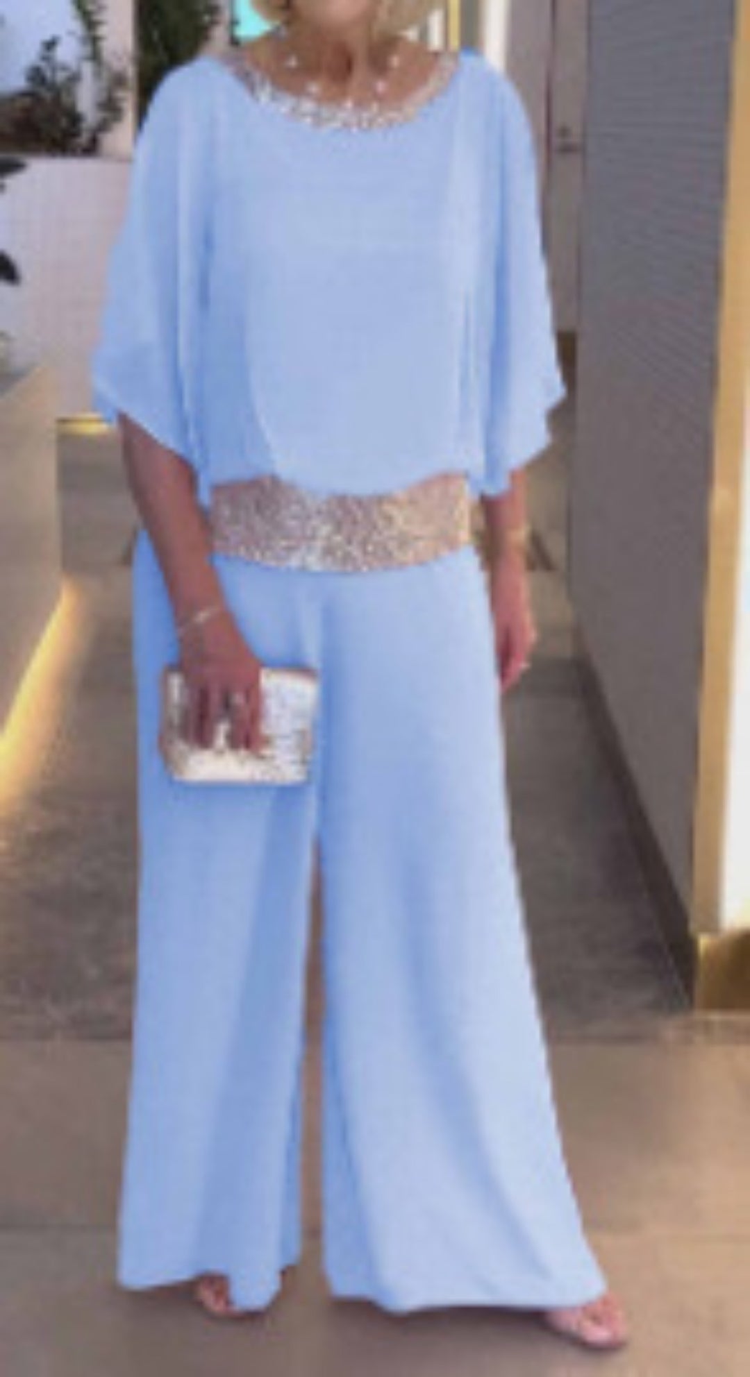 Drune | Rundhalsausschnitt Pailletten Farbe Matching Batman Wide Leg Pants Set
