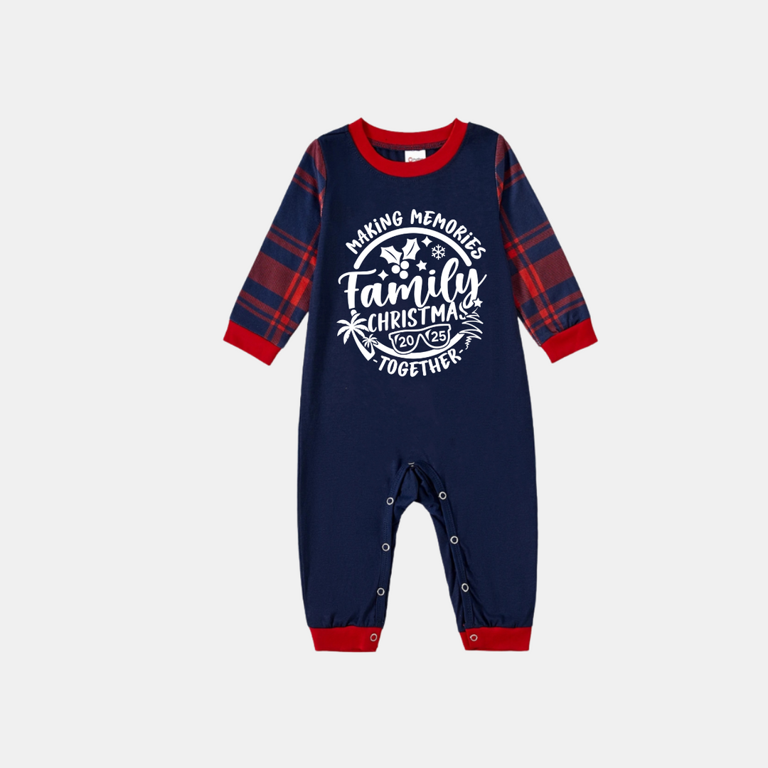 Drune | Weihnachts Erinnerungen Gemeinsam 2025 Druck Blau Langarm Oberteil mit Rot & Blau Kariert Familie Passende Pyjamas
