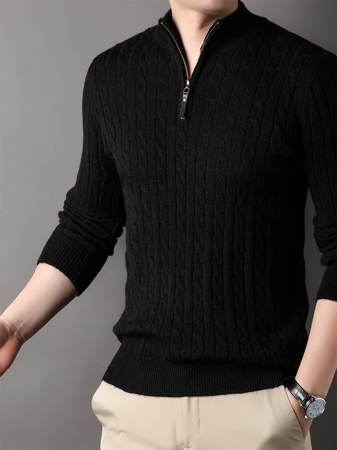 Drune | Lässiger Herrenpullover aus Zopfstrick mit Reißverschluss