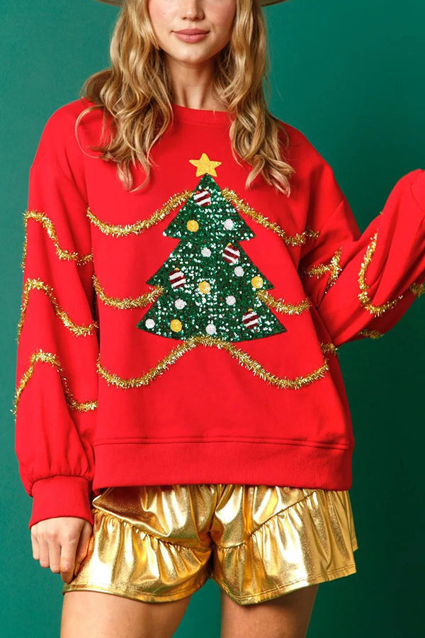 Drune | Weihnachtsbaum Pailletten Langarm Lockeres Sweatshirt