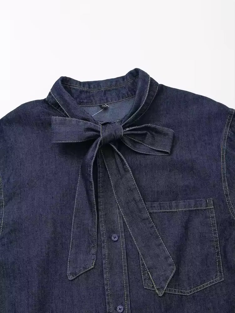 Drune | Dunkle Denim Bluse Mit Schleifenkragen