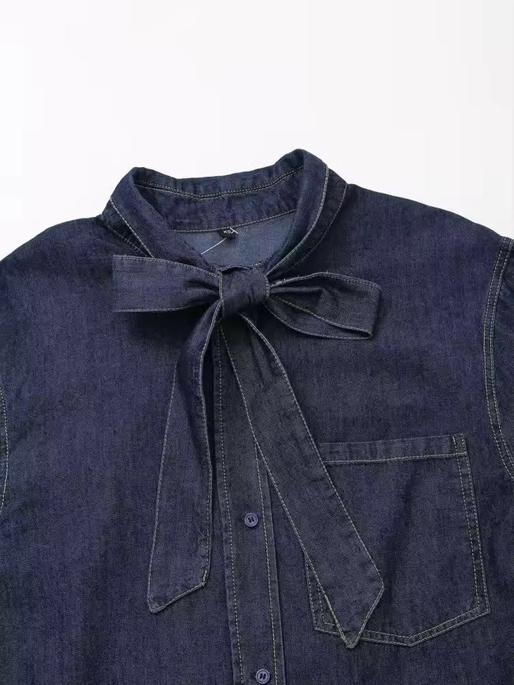 Drune | Dunkle Denim Bluse Mit Schleifenkragen
