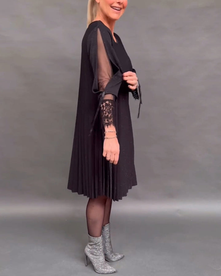 Drune | Einfarbiges Plissiertes Patchwork Spitzenkleid