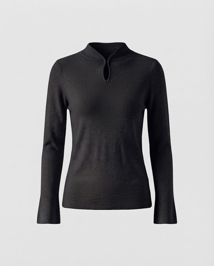Damen Feinstrick-Longsleeve mit kurzem Stehkragen Schlitzknopf und ausgestelltem Ärmelsaum Drune