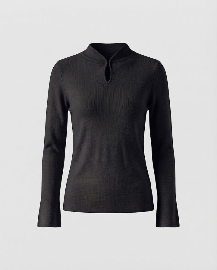 Damen Feinstrick-Longsleeve mit kurzem Stehkragen Schlitzknopf und ausgestelltem Ärmelsaum Drune