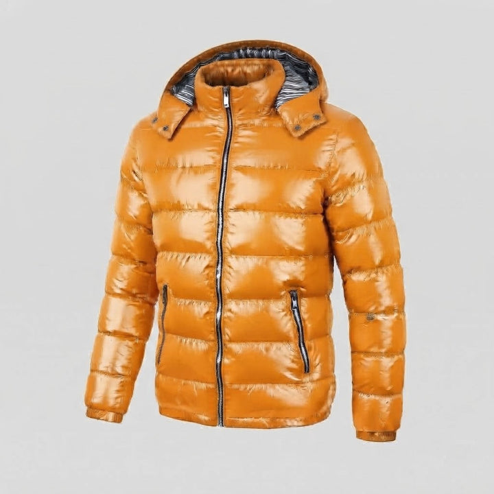 Herren Glänzende Steppjacke mit Kapuze, Gestreiftem Innenfutter & Kontrastreißverschlüssen Drune